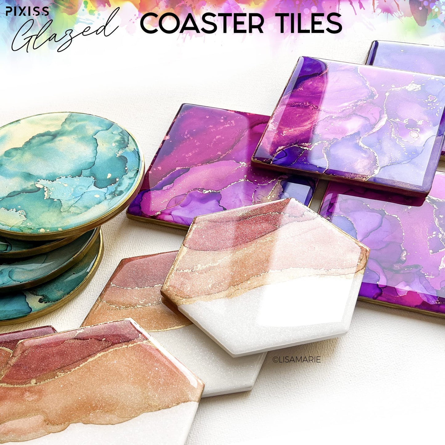 PIXISS Glazed Square Ceramic Coaster/Tiles with Cork Backing - 50PC