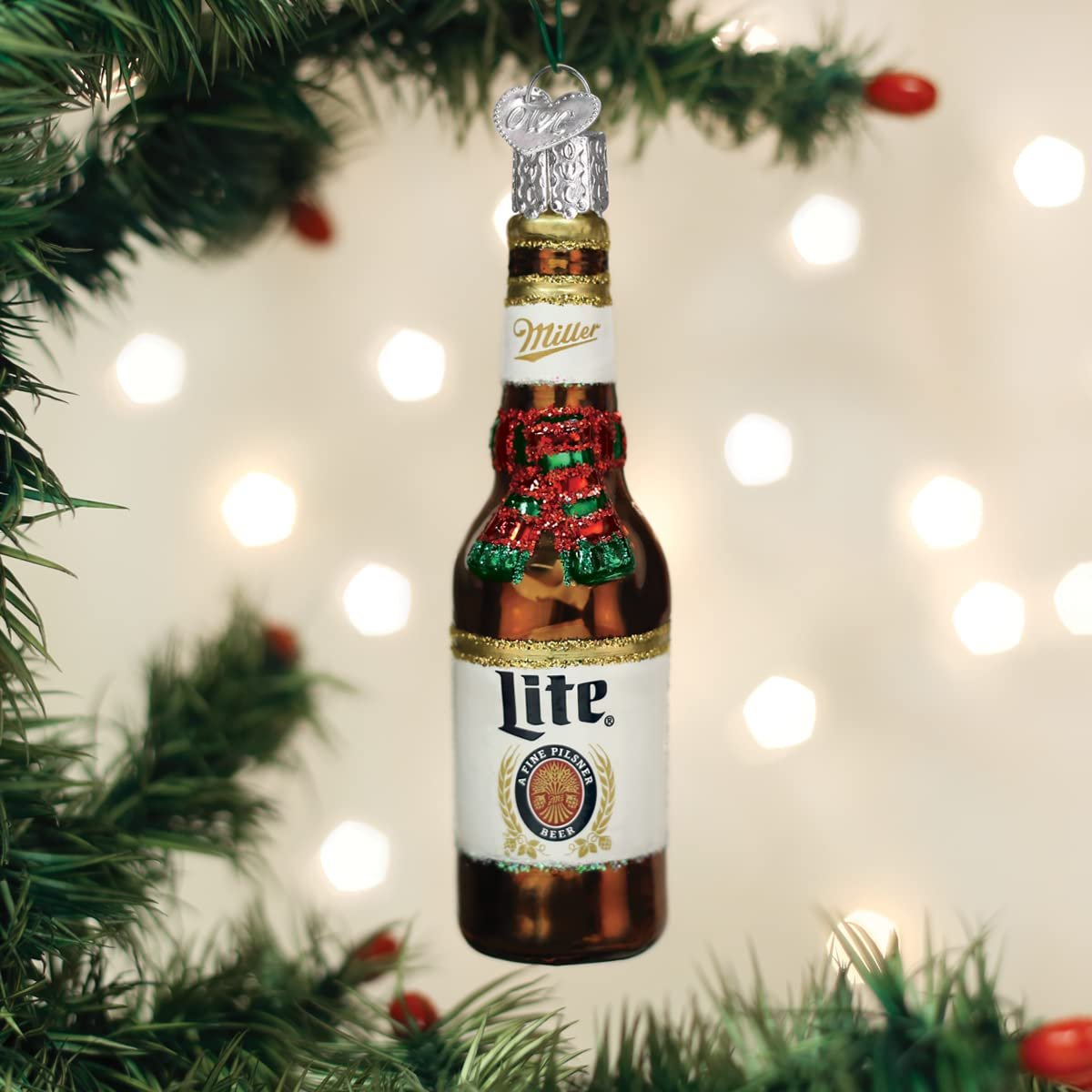 Old World Christmas Holiday Miller Lite Bottle Glass Blown Ornament for Christmas Tree