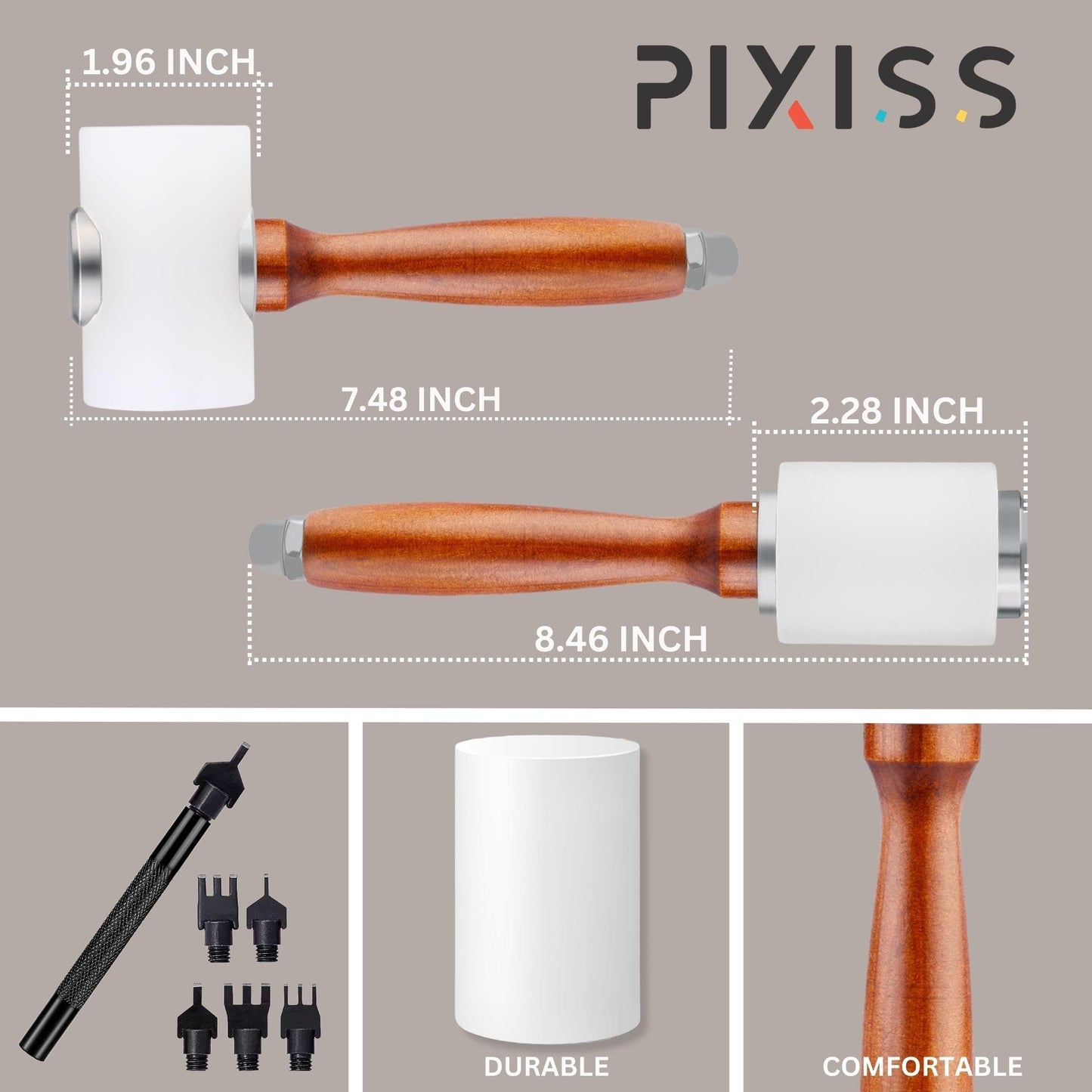 Leather Working Tools Set by Pixiss - Small Hammer and Leather Stamping Tools (39 pcs) - Leather Hole Punch for Belts with 39 Various Leather Cutting Dies for Leather Working Tools and Supplies