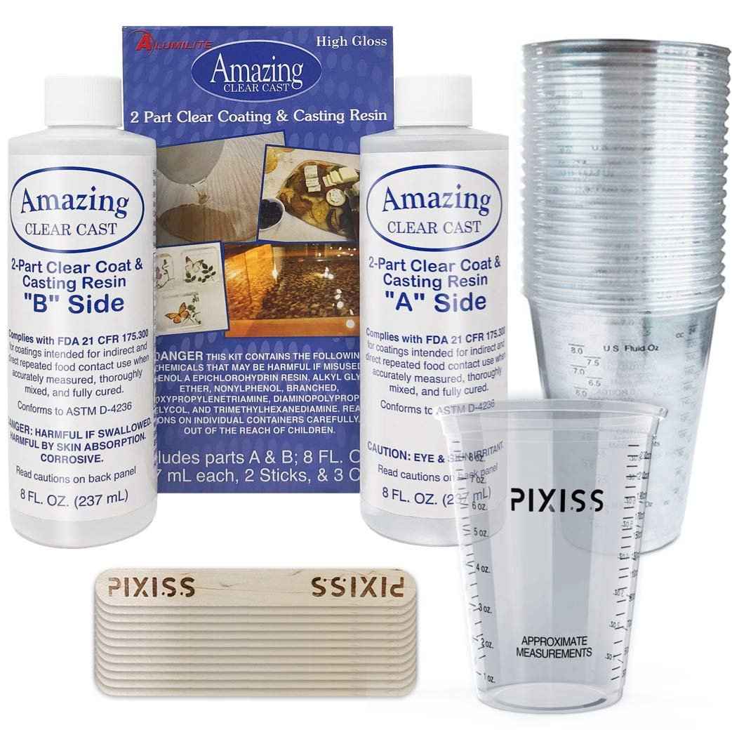 Amazing Clear Cast Resin Epoxy by Alumilite (16-Ounce), 20x Disposable Plastic Resin Mixing Cups, Pixiss Mixing Sticks Bundle