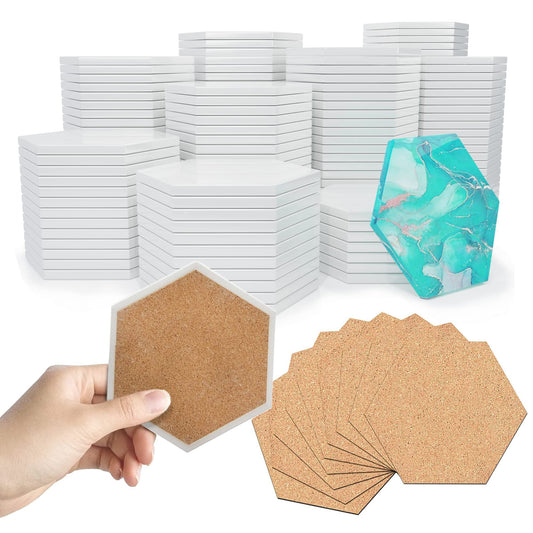 PIXISS Glazed Hexagon Ceramic Coaster/Tiles with Cork Backing - 100PC