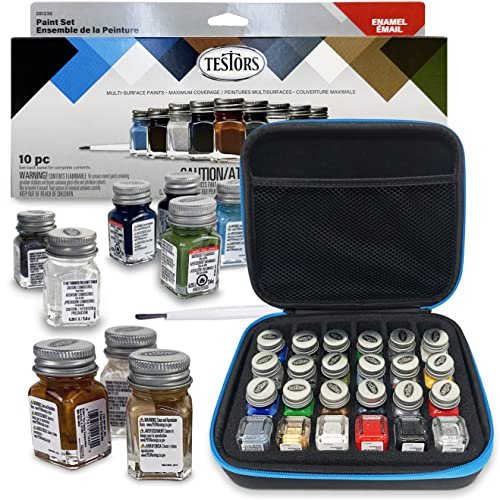 Testors Model Paint Enamel 10pc Paint Set, Pixiss Model Paint Storage Case for Testors Paints (Holds 30 Bottles) (Military Colors)