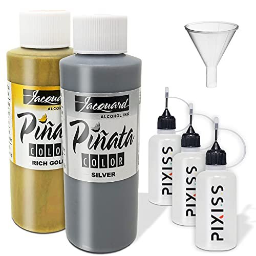 Jacquard Pinata Metals Bundle - Silver and Rich Gold Colors (4-Ounce Bottles), 3 Pixiss 20ml Needle Tip Applicator and Refill Bottles and 1.5 inch Funnel Bundle for Yupo and Resin