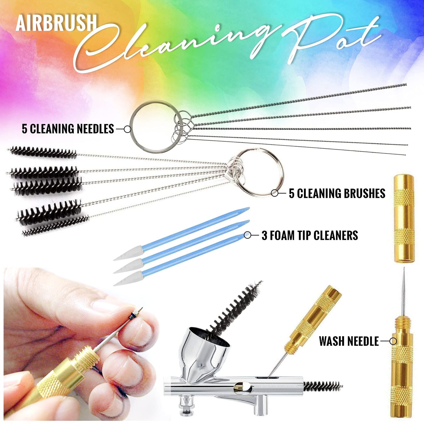 Airbrush Cleaning Kit, Pixiss Glass Cleaning Pot Jar with Holder, 5pc Cleaning Needles, 5pc Cleaning Brushes, 1 Wash Needle, 2 Extra Filters