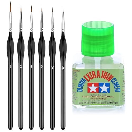 Tamiya Extra Thin Cement with Fine Tip Applicator and 6 Pixiss Miniature Paint Brushes - 4 oz Plastic Model Glue for Miniatures, Scale Models - Fine Detail Paint Brush Set for Modeling and Gundam Kits