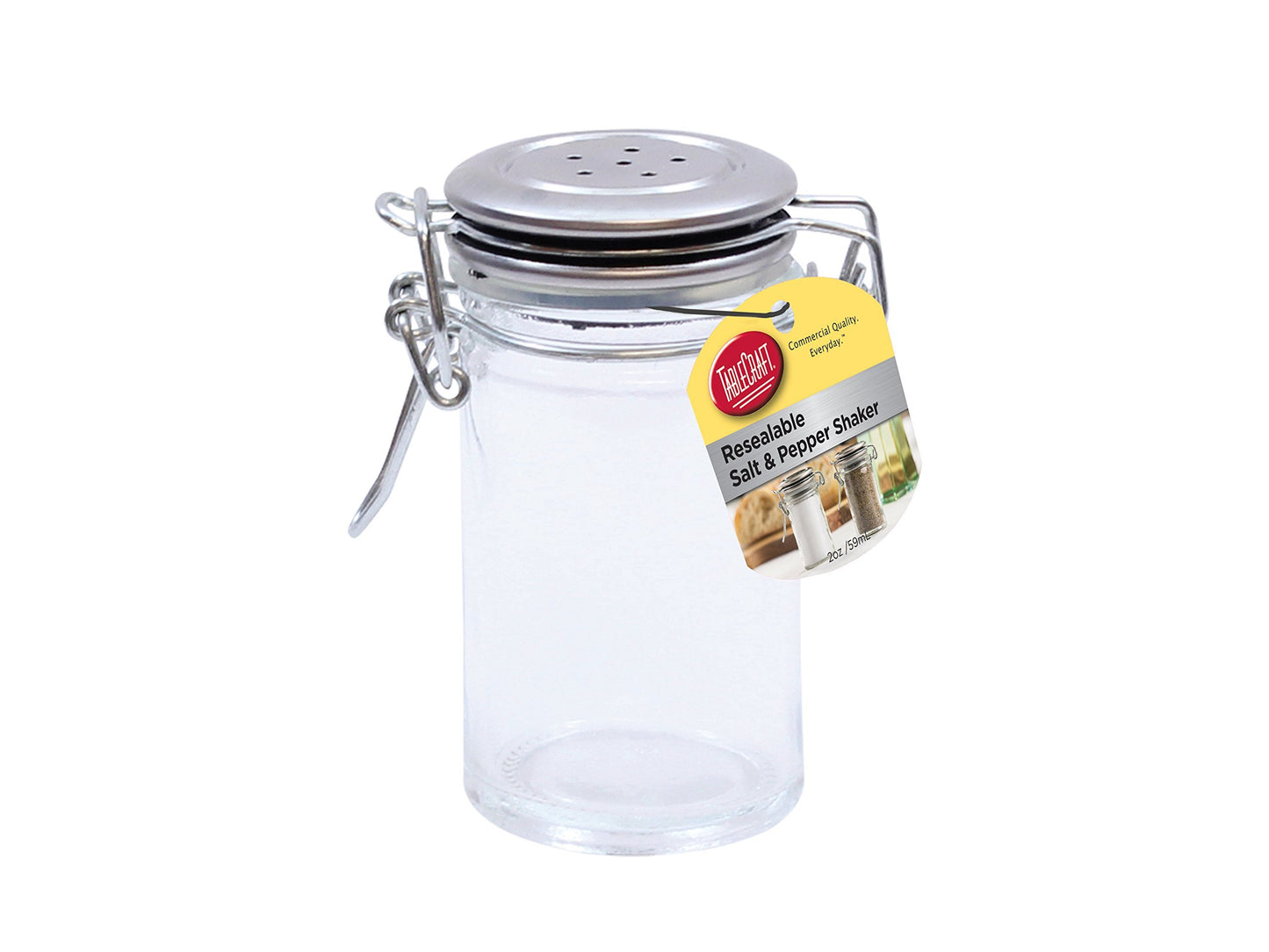 TableCraft's 2-Ounce Resealable Salt & Pepper Shaker, Glass Jar with Stainless Steel Clip-Top Lid, Clear