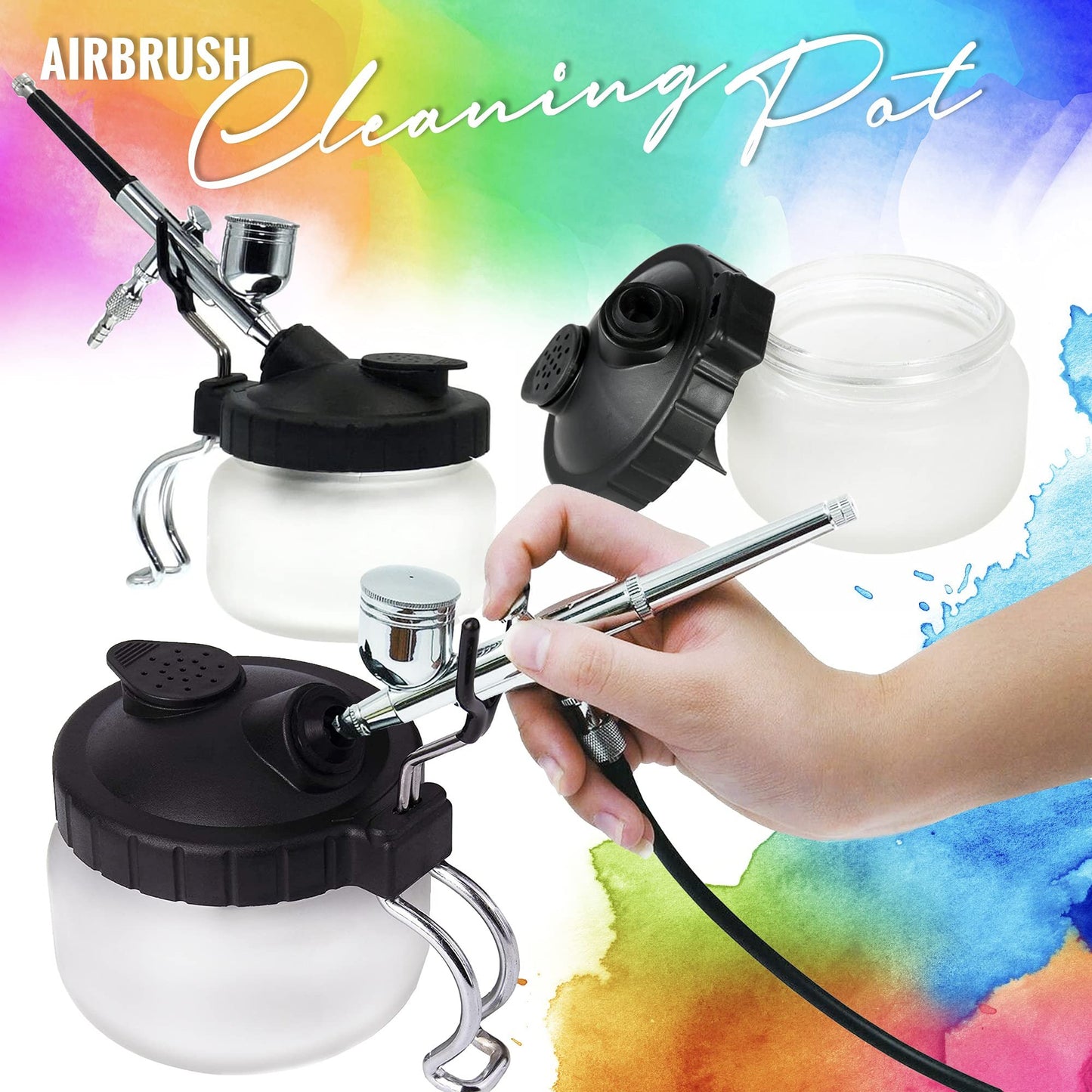 Airbrush Cleaning Kit, Pixiss Glass Cleaning Pot Jar with Holder, 5pc Cleaning Needles, 5pc Cleaning Brushes, 1 Wash Needle, 2 Extra Filters