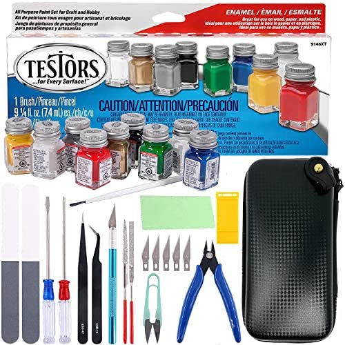 Testors Model Paint Enamel 10pc Paint Set - Testors Model Car Paint Kit, Model Paints for Plastic Models - Pixiss Model Accessory Kit for Gundam Model Assemble Building