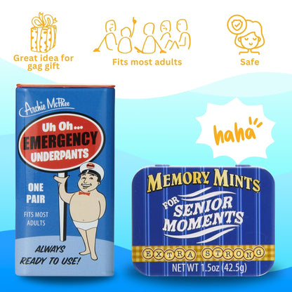 Ultimate Senior Moment Gag Bundle – Memory Mints for Senior Moments, Emergency Underpants, and Senior Moment Desk Warning Sign – Perfect for Birthday Pranks, Retirement Parties, and Fun Gifts