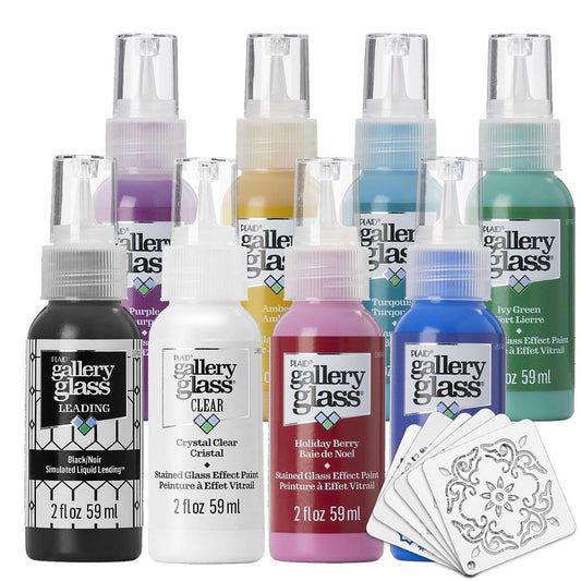 Gallery Glass (2 fl oz Jewel Tones) and 16 Pixiss Stencils for Crafts - Stained Glass Paint and Liquid Leading for Faux Stained Glass Painting with Paint Stencils for Spray Paint, Drawing, etc