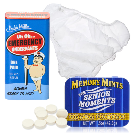 Memory Mints for Senior Moments and Emergency Underpants for Gag Gifts for Seniors - Funny Gag Gift Ideas for Coworkers and Family - Tasty, Witty Mints with Practical and Funny Emergency Underwear