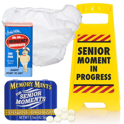 Ultimate Senior Moment Gag Bundle – Memory Mints for Senior Moments, Emergency Underpants, and Senior Moment Desk Warning Sign – Perfect for Birthday Pranks, Retirement Parties, and Fun Gifts