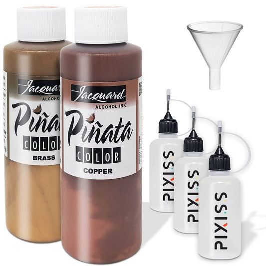 Jacquard Pinata Metals Bundle - Brass and Copper Colors (4-Ounce Bottles), 3 Pixiss 20ml Needle Tip Applicator and Refill Bottles and 1.5 inch Funnel Bundle for Yupo and Resin