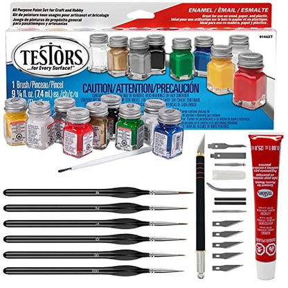 Testors Model Paint Enamel Paint Set 9146XT, Testors Cement Plastic Model Glue Adhesive, 6 Fine Detail Miniatures Paint Brushes, Precision Crafting Knife with Extra Blades and Tips