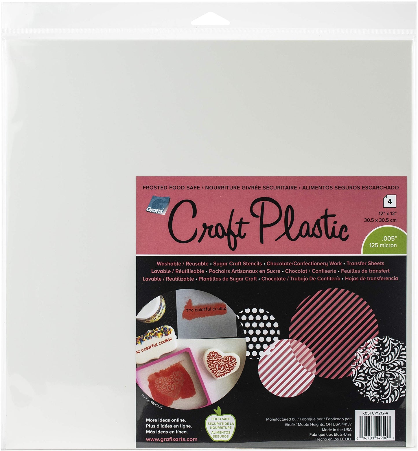 Grafix Food-Safe Plastic Frosted, 12 x 12”, Pack of 4 – Reusable .005” Thick Translucent Film, Perfect for Sugar Craft Stencils, Cookie and Cake Decorating, Chocolate Work (K05FCP1212-4)
