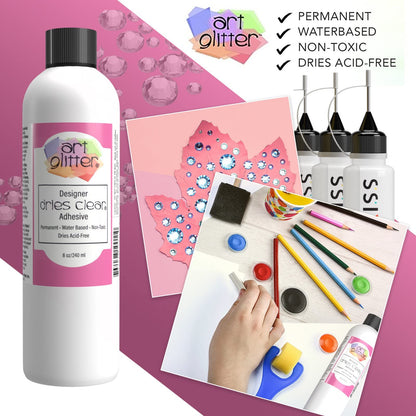 Art Institute Precision Craft Glue - Art Glitter Glue for Crafts - 8fl oz - Precision Glue Tip - Metal Tip - 3 Refillable Bottles - Flexible and Crack Resistant - Strong Hold Adhesive - Made in USA