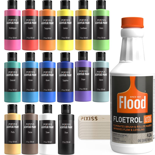 Floetrol Pouring Medium for Acrylic Paint Pouring Bundle 1-Quart | Flood Flotrol Additive | 16 2-Ounce Acrylic Paints | Pixiss Wood Mixing Sticks