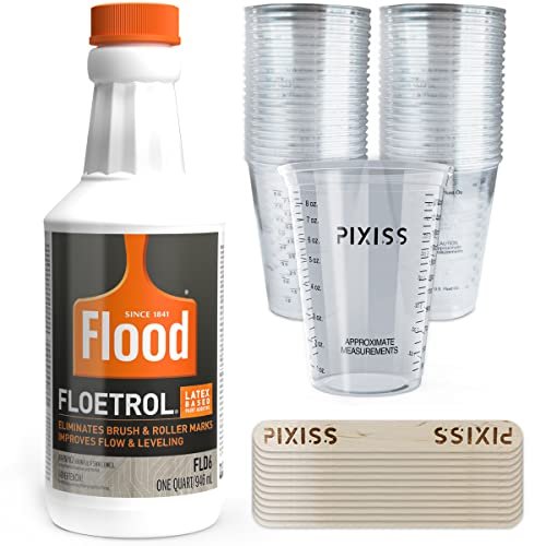 Floetrol Pouring Medium for Acrylic Paint Quart | Flood Flotrol Additive | 20x 10-Ounce Disposable Mixing Cups for Paint, Stain, Epoxy, Resin | 20x Pixiss Wood Mixing Sticks