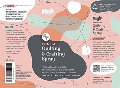 Magic Spray for Quilting & Crafting - Eliminates Odors & Wrinkles - Magic Sizing Ironing Spray & Fabric Spray - Magic Fabric Spray for Cutting, Creasing, & Sewing - 25 Fabric Sewing Clips