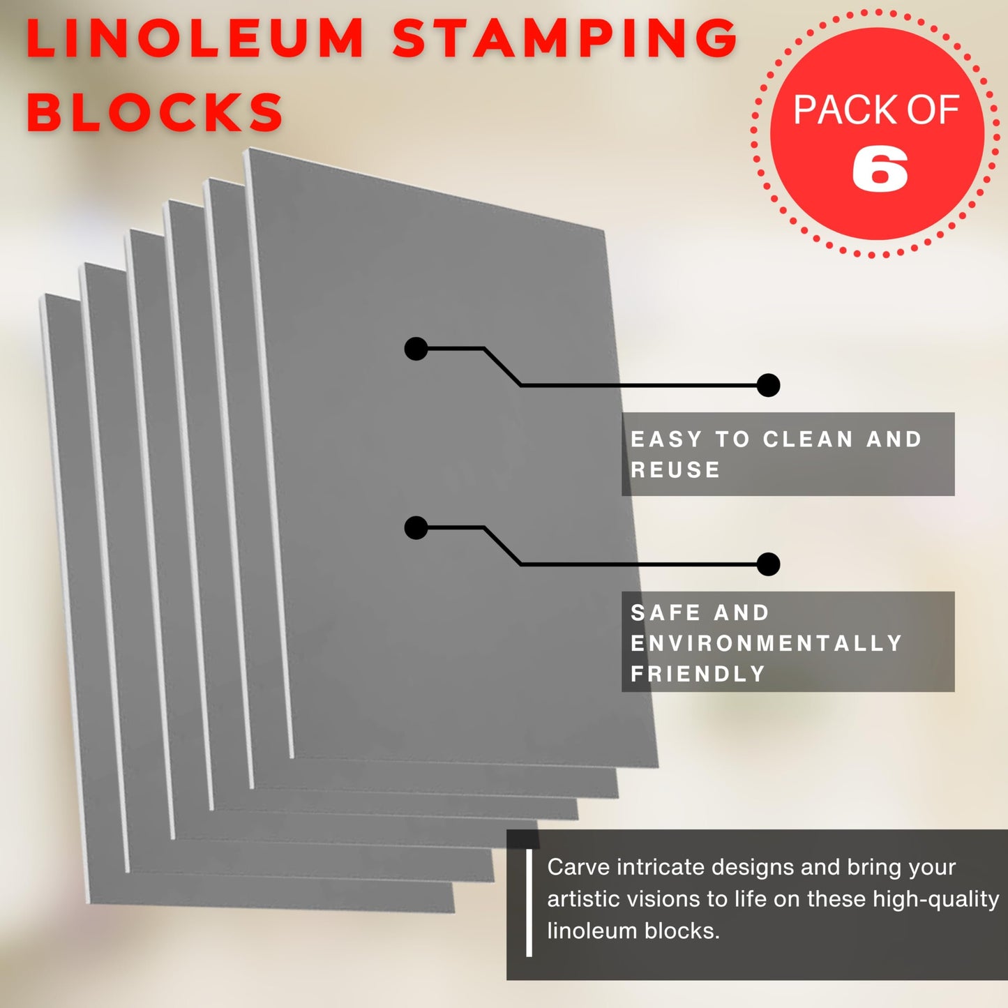 Linoleum Blocks for Printmaking - Printmaking Supplies from Pixiss - Linocut Rubber Stamps (6 Pack) 8"x10"x1/8" - Stamp Block for Stamp Making Kit - Linoleum Block Printing Kit for Relief Printing