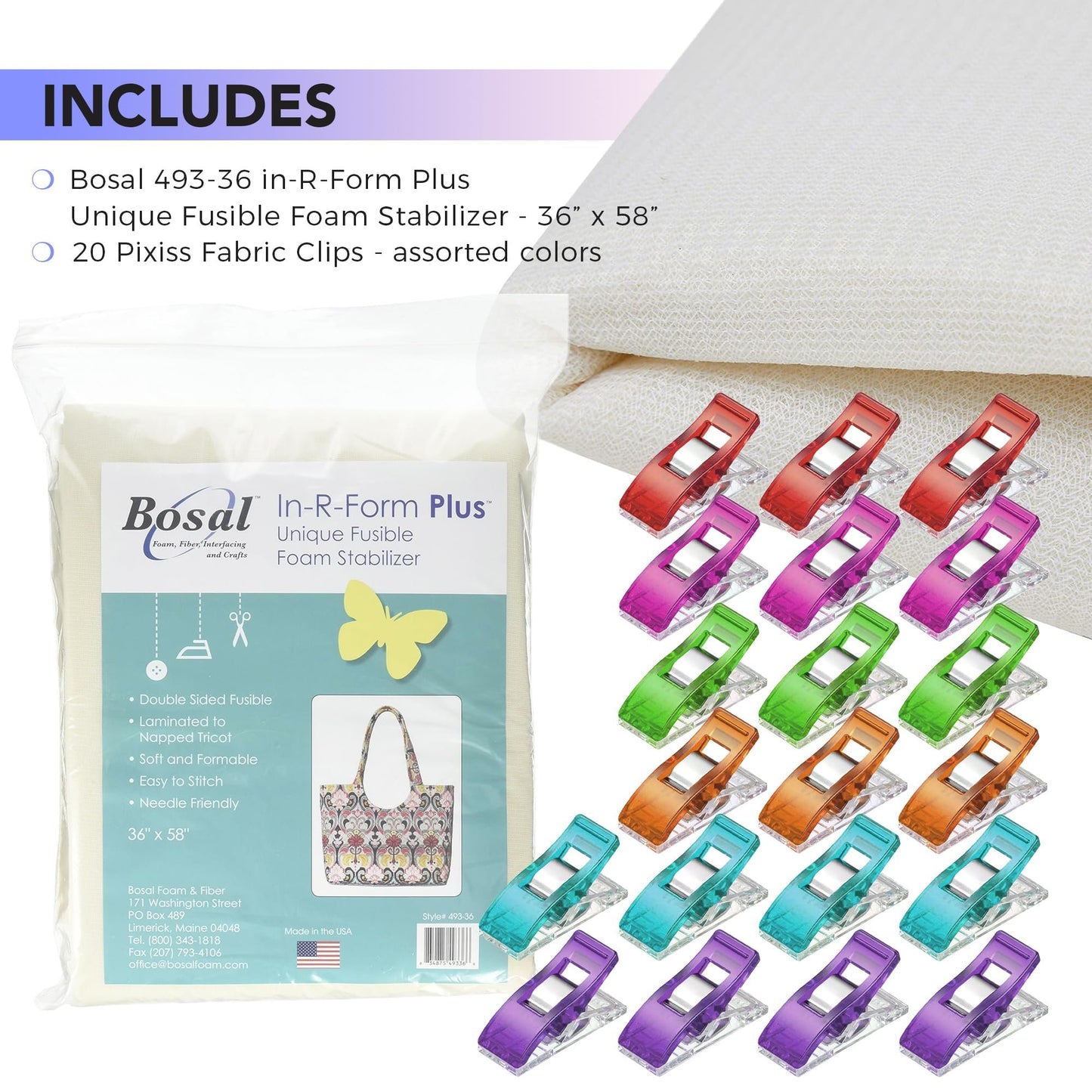 Bosal in-R-Form Plus Double-Sided Fusible Foam Stabilizer 36" x 58" with 20 Fabric Clips – Soft, Formable, Easy-to-Stitch Foam for Bags, Quilting, Crafts, and Sewing