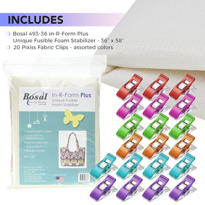 Bosal in-R-Form Plus Double-Sided Fusible Foam Stabilizer 36" x 58" with 20 Fabric Clips – Soft, Formable, Easy-to-Stitch Foam for Bags, Quilting, Crafts, and Sewing