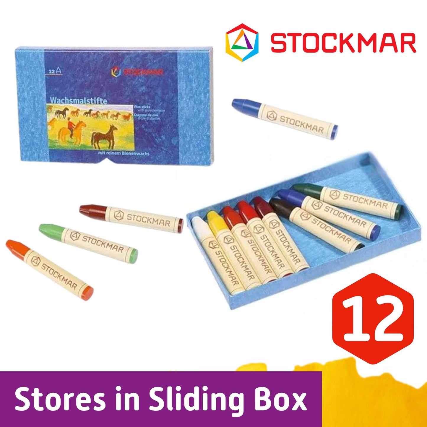 STOCKMAR Beeswax Stick Crayons - Set of 12 Jumbo Crayons -Non Toxic, Beeswax Crayons For Toddlers, Kids -Waldorf Homeschool -Waldorf Art Supplies- Includes Storage Box