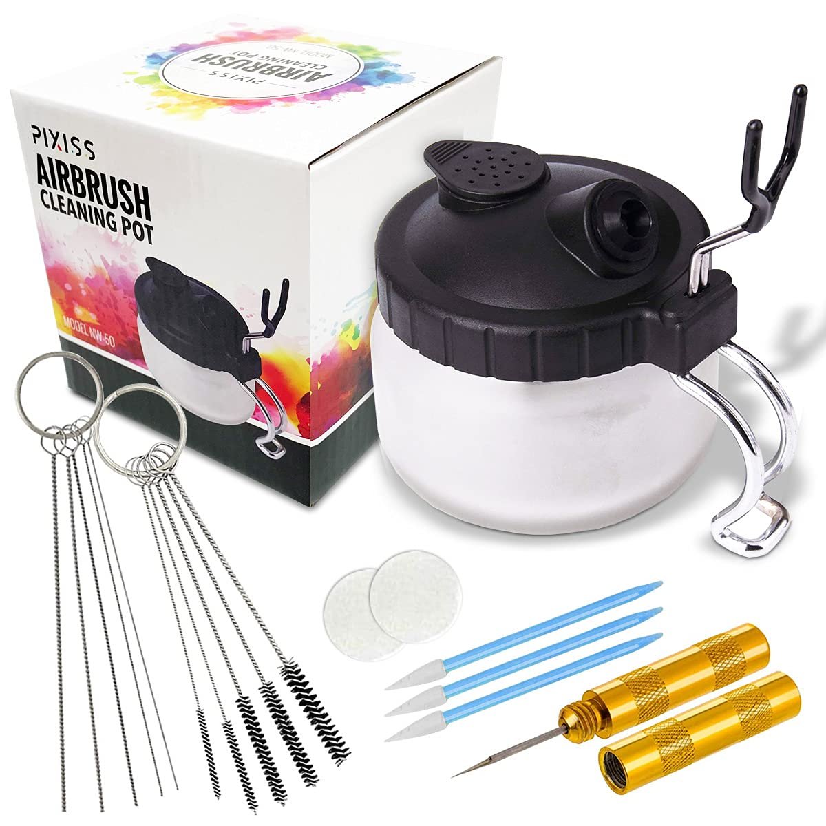 Airbrush Cleaning Kit, Pixiss Glass Cleaning Pot Jar with Holder, 5pc Cleaning Needles, 5pc Cleaning Brushes, 1 Wash Needle, 2 Extra Filters