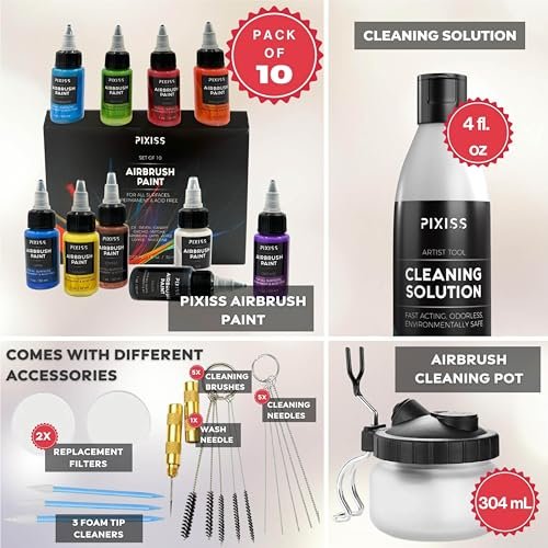 Pixiss Air Brush Painting Set with Airbrush Cleaner Pot and Brush Cleaner Fluid (4 fl oz) - 10 Colors of Acrylic Paint for Airbrush Kit with accessories for Model Paint Kit