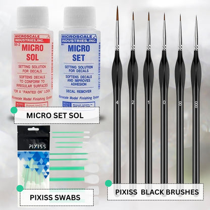 Micro Sol and Micro Set Decal Setting Solution Bundle with Pixiss Black Brushes and Blending Swabs – Professional Decal Application Kit for Model Builders, Crafts, and Hobbyists