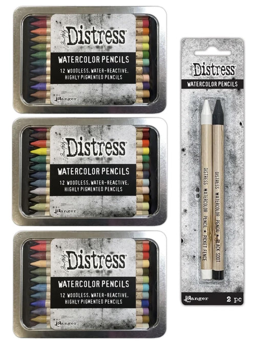 Bundle - Tim Holtz Distress Watercolor Pencils Sets 4, 5, 6 And 2 Pack Picket Fence and Black Soot