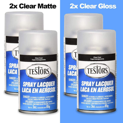 Pixiss Testors Spray Lacquer Bundle – 2 Matte (3oz) + 2 Gloss (3oz) Spray Handle – Perfect for Models, Crafts, and DIY Projects