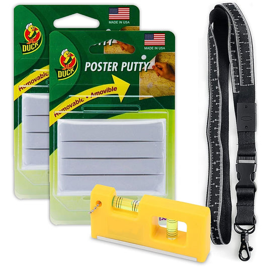 Duck Brand Wall Putty (2pk) with Measurement Lanyard and Leveler Tool - Sticky Tack and Pocket Level for DIY Home Projects, Classroom Decoration - Pixiss Lanyard with Measurements up to 31"