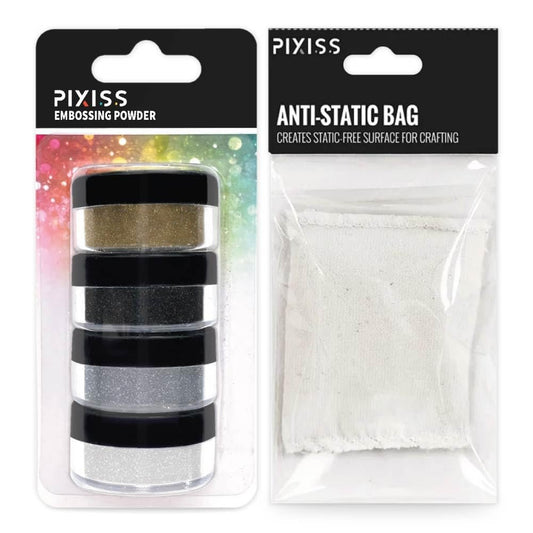 Pixiss Embossing Kit with Anti Static Bag - .15 oz Black, White, Silver, and Gold Embossing Powder Set - for Embossing, Glittering, Card Making, Scrapbooking, and Mixed Media Art