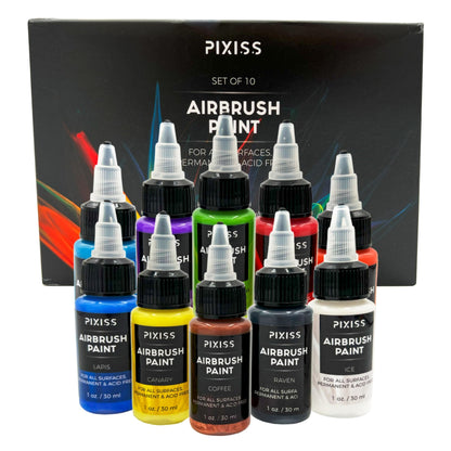 Pixiss Air Brush Painting Set - 10 Colors of Acrylic Paint for Airbrush Kit - Acrylic Airbrush Paint Set for Model Paint Kit - Vibrant Pigments, Acid-Free - For All Surfaces