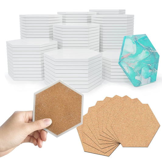 PIXISS Glazed Hexagon Ceramic Coaster/Tiles with Cork Backing - 50PC