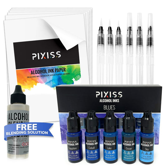 PIXISS Alcohol Ink 5 Pack, Alcohol Ink Paper, Blending Brushes & Bonus FREE Blending Solution