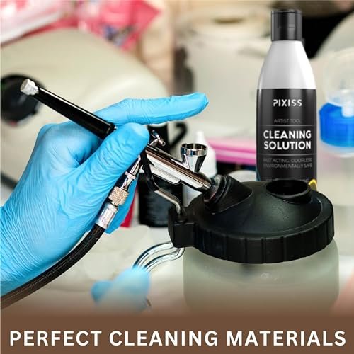 Pixiss Air Brush Painting Set with Airbrush Cleaner Pot and Brush Cleaner Fluid (4 fl oz) - 10 Colors of Acrylic Paint for Airbrush Kit with accessories for Model Paint Kit