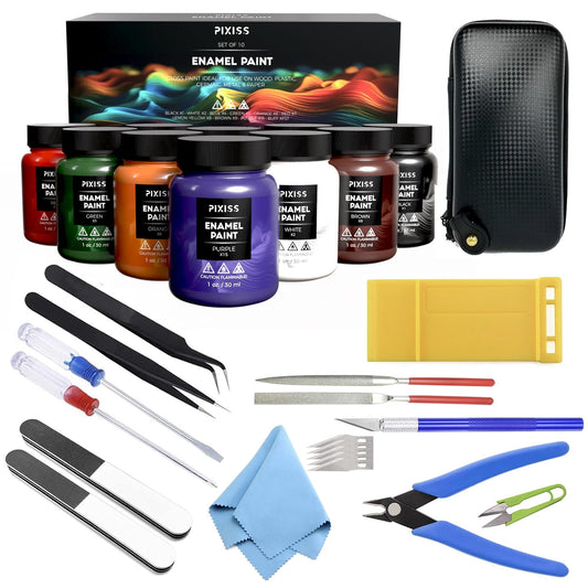 Pixiss Enamel Paints Gloss Set with Model Building Kit and 6 Brushes – Complete Hobbyist Bundle for Models, Crafts, and DIY Projects