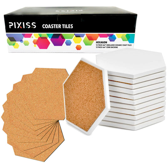 PIXISS Hexagon Ceramic Coasters with Cork Backing - 12