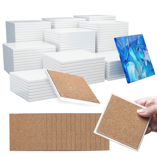 PIXISS Glazed Square Ceramic Coaster/Tiles with Cork Backing - 50PC