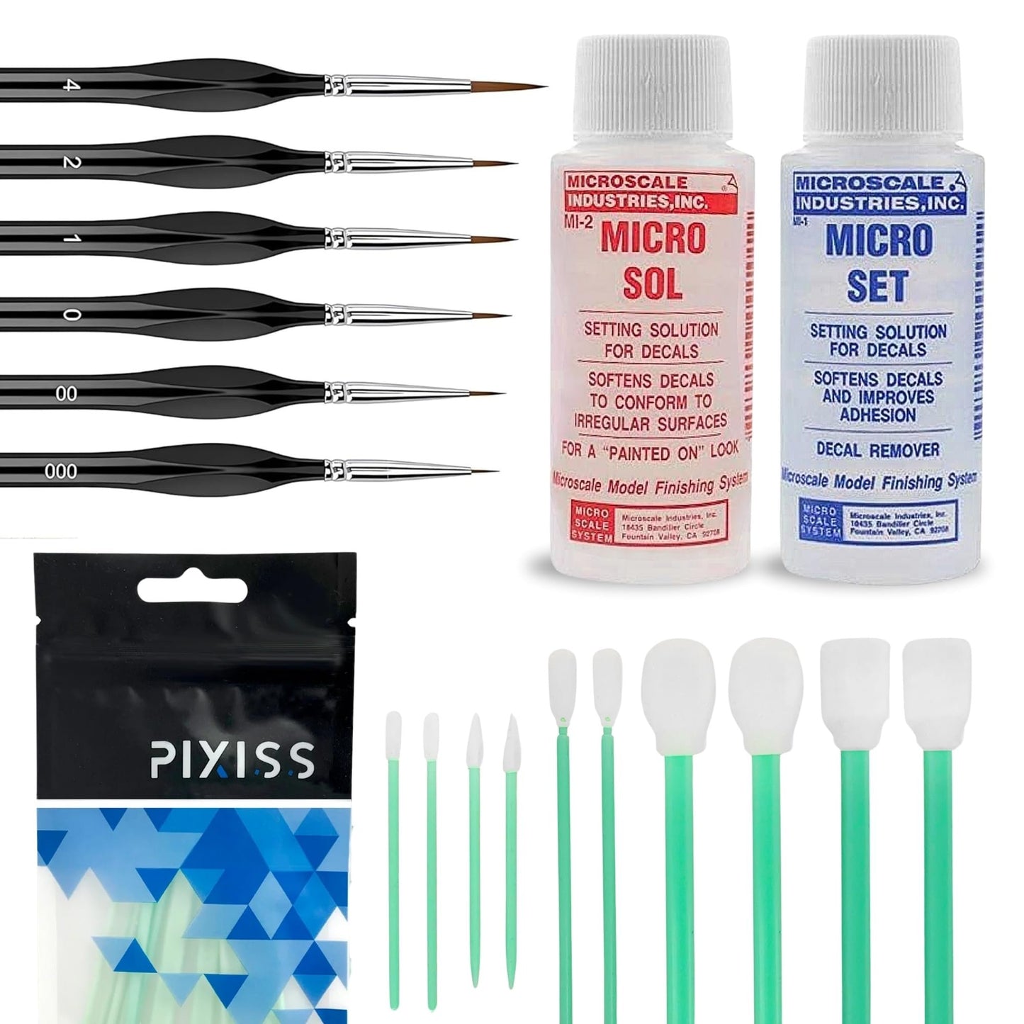 Micro Sol and Micro Set Decal Setting Solution Bundle with Pixiss Black Brushes and Blending Swabs – Professional Decal Application Kit for Model Builders, Crafts, and Hobbyists