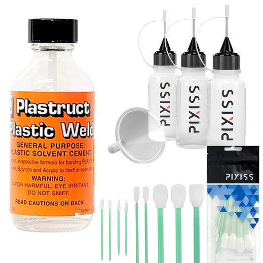 Plastruct Plastic Weld with 3 Pixiss Needle Tip Bottles, Small Funnel, and Pixiss Swabs – Ultimate Plastic Cement and Adhesive Kit for Model Building, Repairs, and Craft Projects