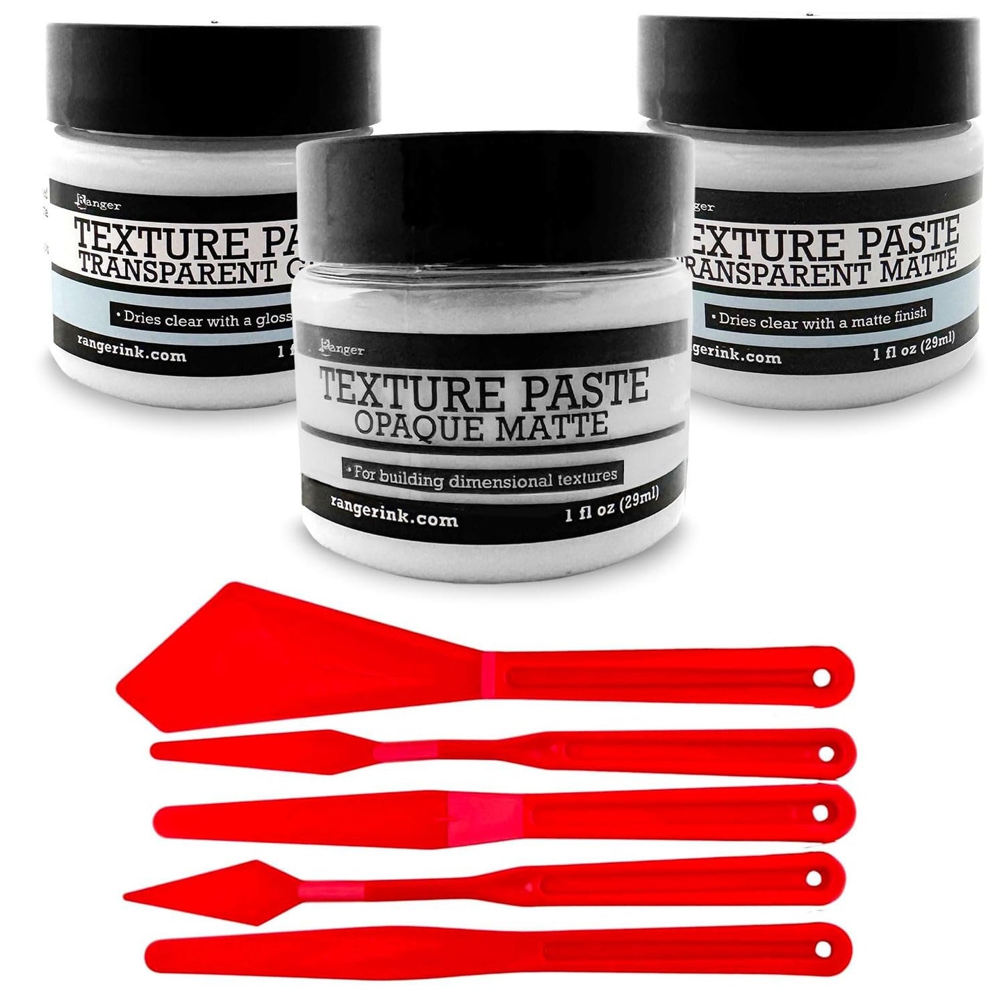 Ranger Texture Paste Set – Includes Opaque, Transparent Gloss, and Transparent Matte Texture Pastes with 5 Pixiss Spreader Tools for Crafting, Mixed Media, and Scrapbooking