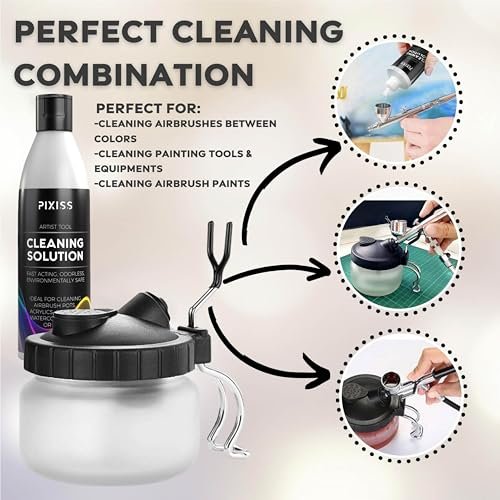 Pixiss Air Brush Painting Set with Airbrush Cleaner Pot and Brush Cleaner Fluid (4 fl oz) - 10 Colors of Acrylic Paint for Airbrush Kit with accessories for Model Paint Kit