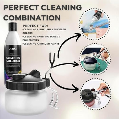 Pixiss Air Brush Painting Set with Airbrush Cleaner Pot and Brush Cleaner Fluid (4 fl oz) - 10 Colors of Acrylic Paint for Airbrush Kit with accessories for Model Paint Kit