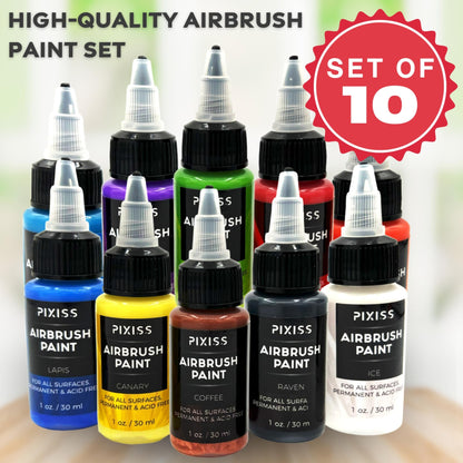 Pixiss Air Brush Painting Set - 10 Colors of Acrylic Paint for Airbrush Kit - Acrylic Airbrush Paint Set for Model Paint Kit - Vibrant Pigments, Acid-Free - For All Surfaces