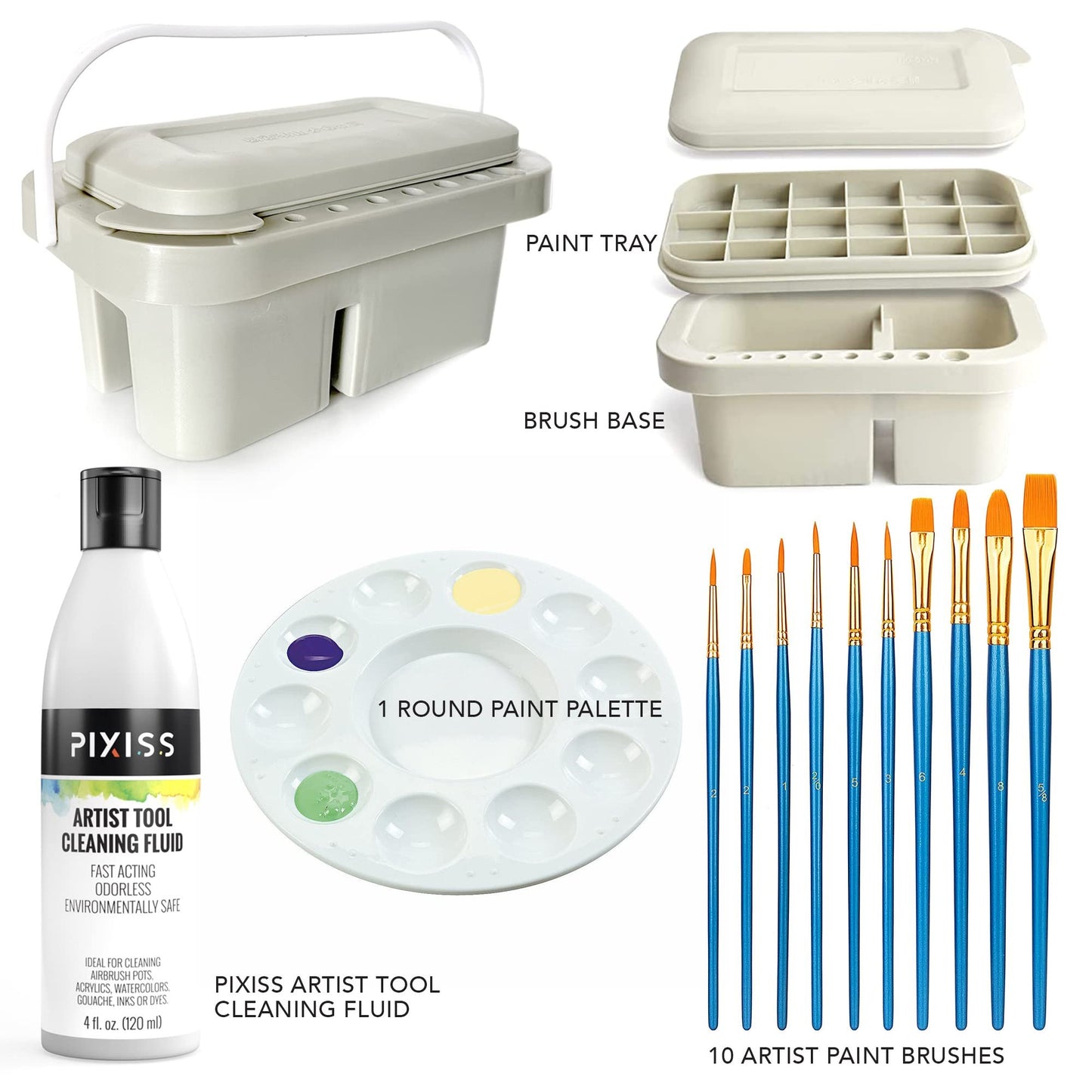 Pixiss Paint Brush Cleaner Basin - Brush Basin, Paint Brush Rinser, Paint Brush Holder, Paint Organizer for Acrylic Painting with Palettes, 4 Ounce Brush Cleaner Solution, and 10 Paint Brushes