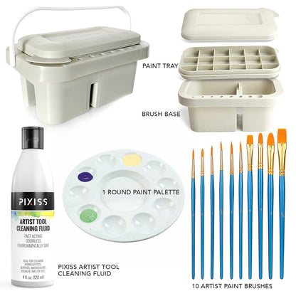 Pixiss Paint Brush Cleaner Basin - Brush Basin, Paint Brush Rinser, Paint Brush Holder, Paint Organizer for Acrylic Painting with Palettes, 4 Ounce Brush Cleaner Solution, and 10 Paint Brushes