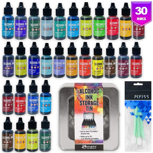 Ranger Alcohol Inks Set (30 Pack), Tim Holtz Alcohol Ink Storage Tin, 10 Pixiss Alcohol Ink Blending Tools for Alcohol Ink Paper (Assorted Colors, No Duplicates)